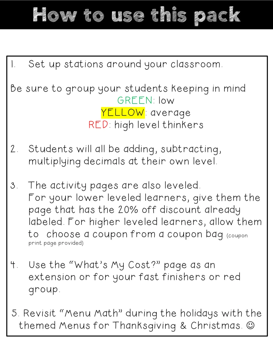 How to use this pack: set up stations, group students green, yellow or red, and level the discount: 20% off or coupon bag