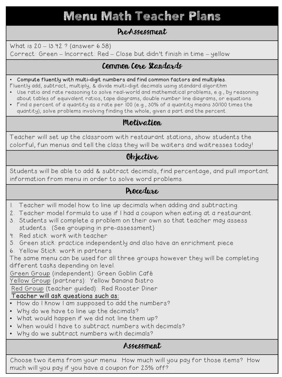 Teacher plans for menu decimals: pre-assessment 20 - 13.42, objective, procedure by group and a 25% coupon assessment