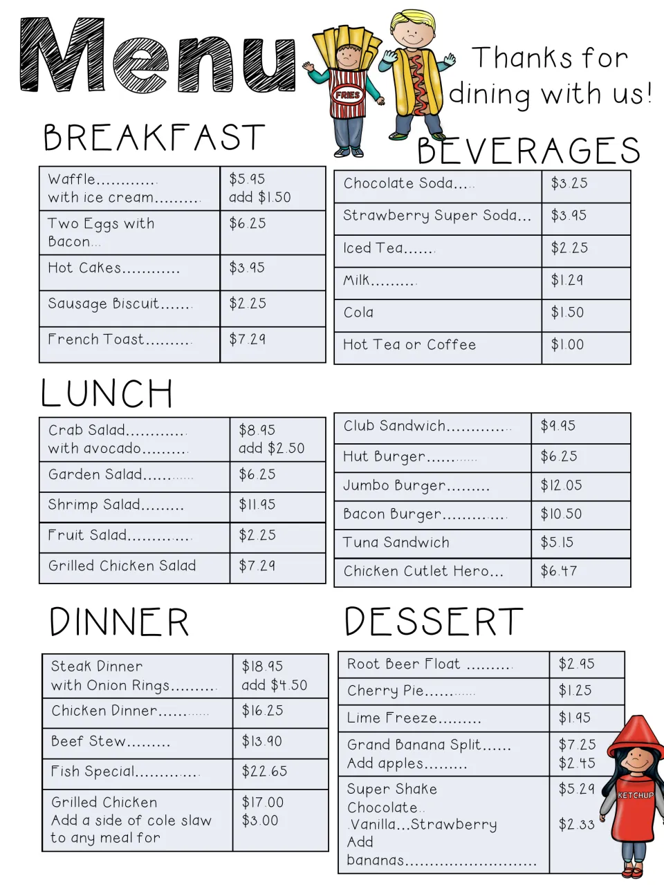 Restaurant menu of breakfast, lunch, dinner, beverage and dessert items priced in decimals, from $1.00 tea to $22.65 fish