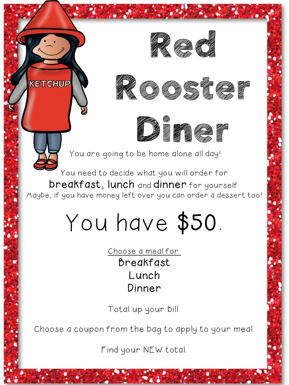 Red Rooster Diner task: with $50, students choose breakfast, lunch and dinner, total the bill, then apply a coupon