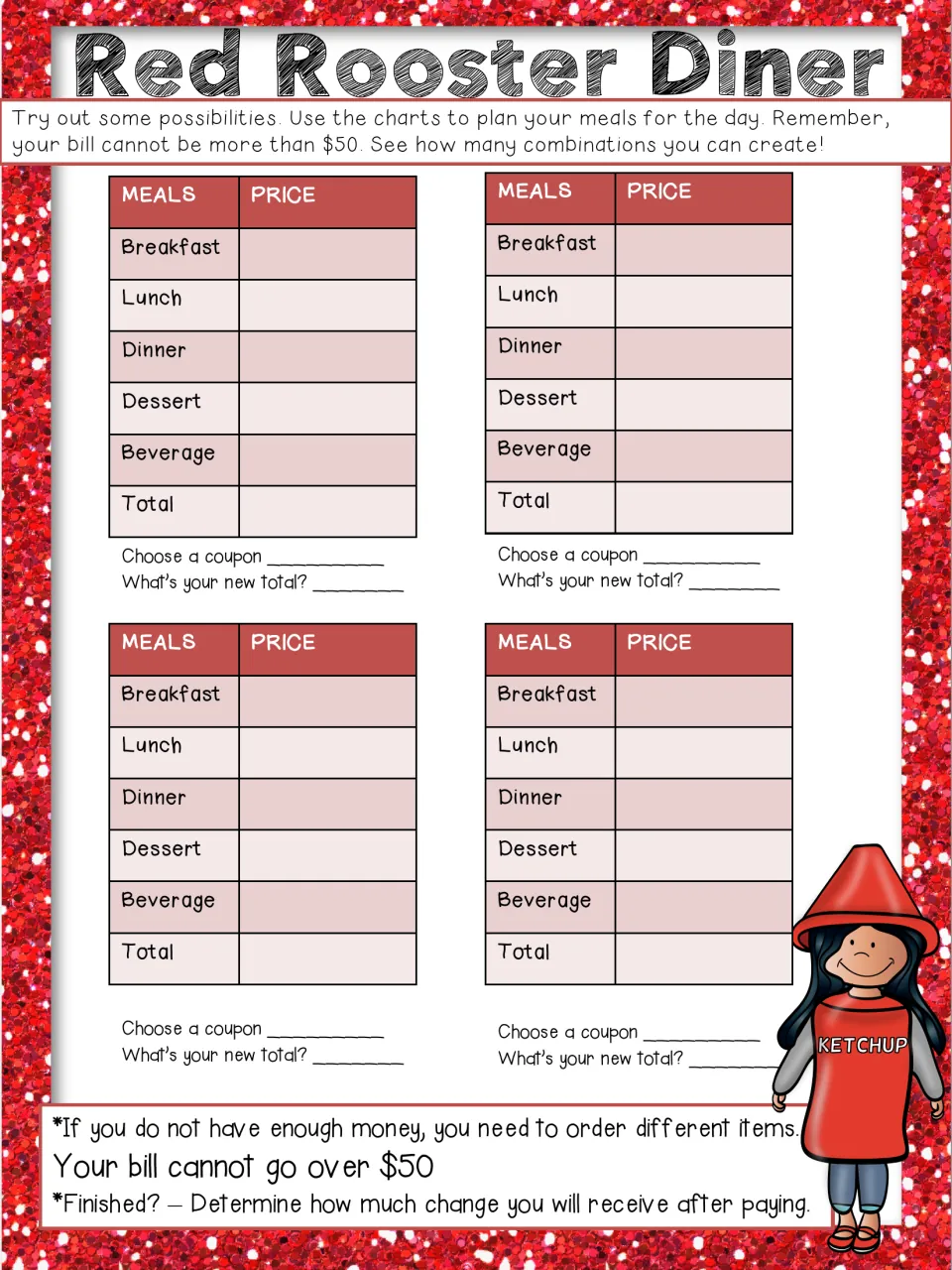 Red Rooster Diner planning sheet: students price four meal plans under $50, apply a coupon and find the change