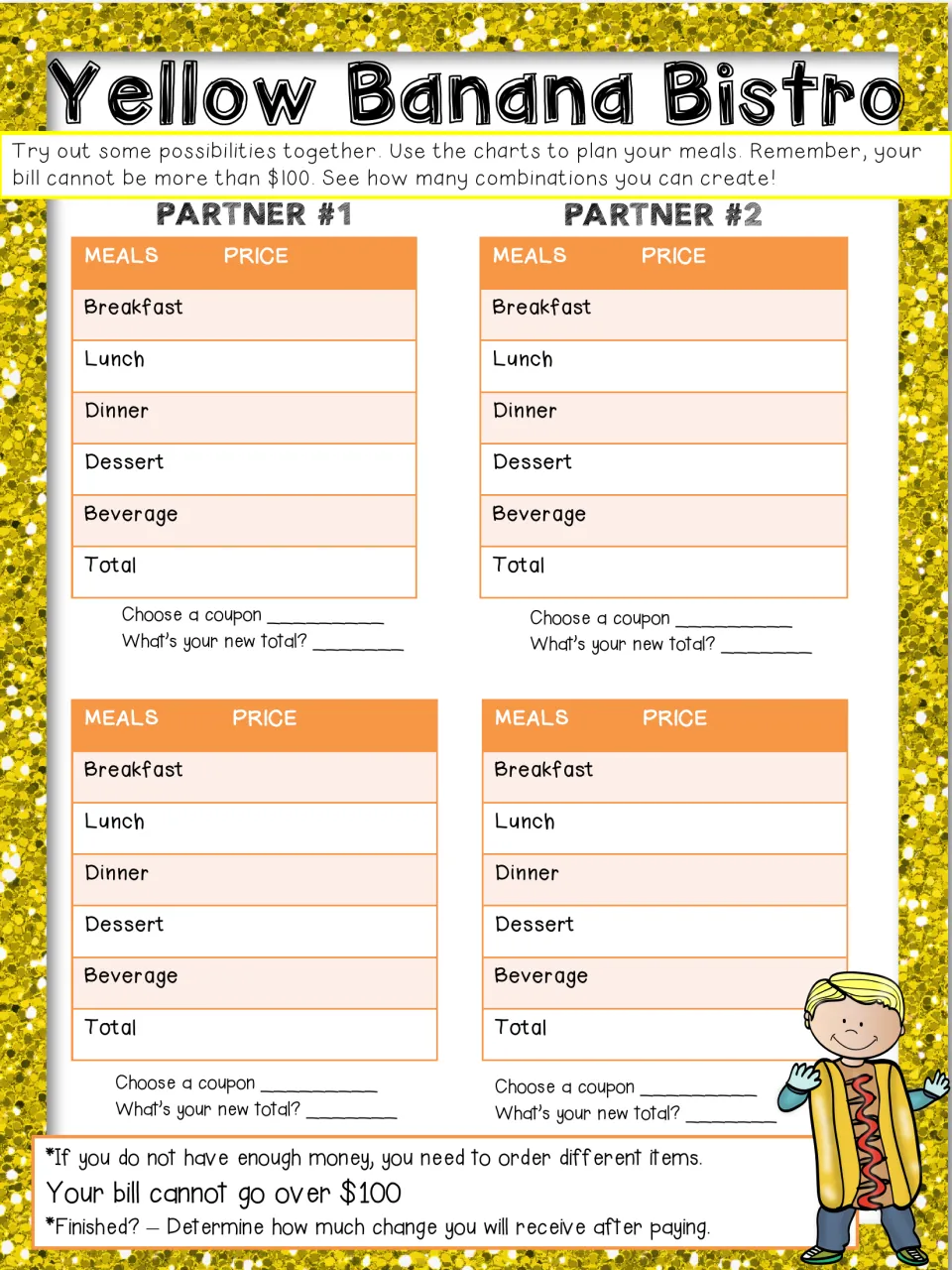 Yellow Banana Bistro partner sheet: Partner #1 and #2 plan meals under $100, add prices, apply a coupon and find the change