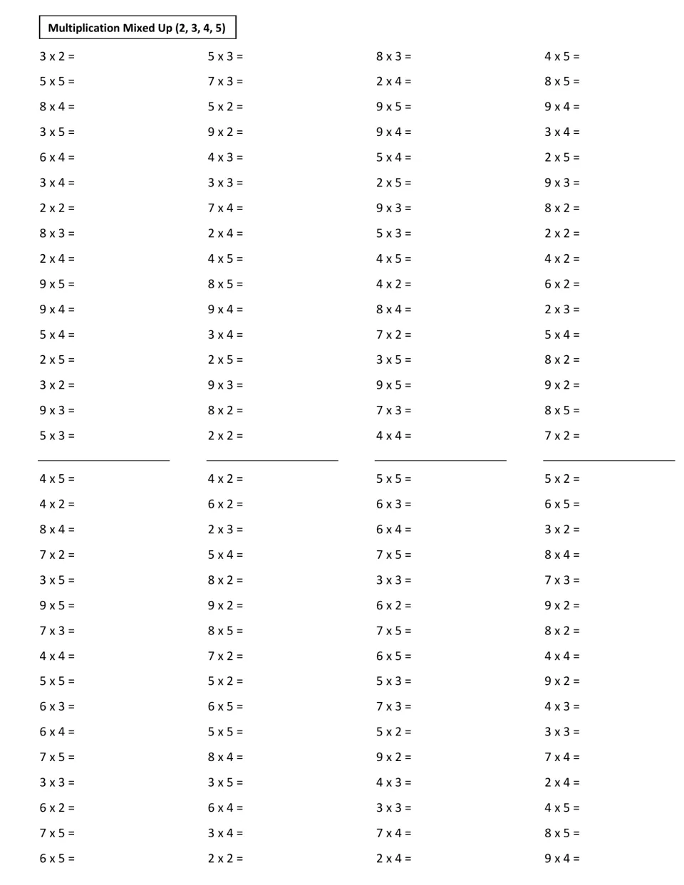 Multiplication Mixed Up (2, 3, 4, 5): students solve 128 shuffled facts that multiply 2 to 9 by a factor of 2, 3, 4 or 5