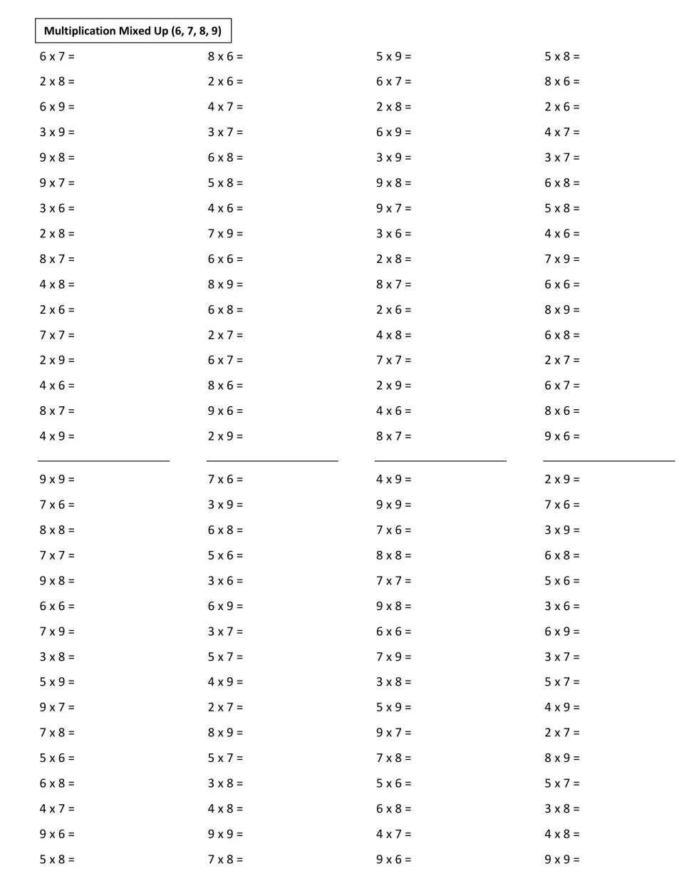 Multiplication Mixed Up (6, 7, 8, 9): students solve 128 shuffled facts that multiply 2 to 9 by a factor of 6, 7, 8 or 9