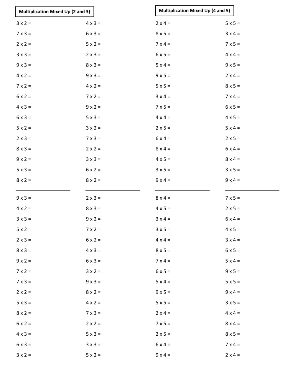 Two mixed-up fact drills: students multiply by 2 and 3 in the left set and by 4 and 5 in the right set, 64 facts each