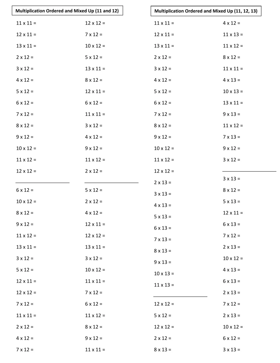 Multiplication Ordered and Mixed Up: students solve 11s and 12s facts, then 11s, 12s and 13s, first in order then shuffled