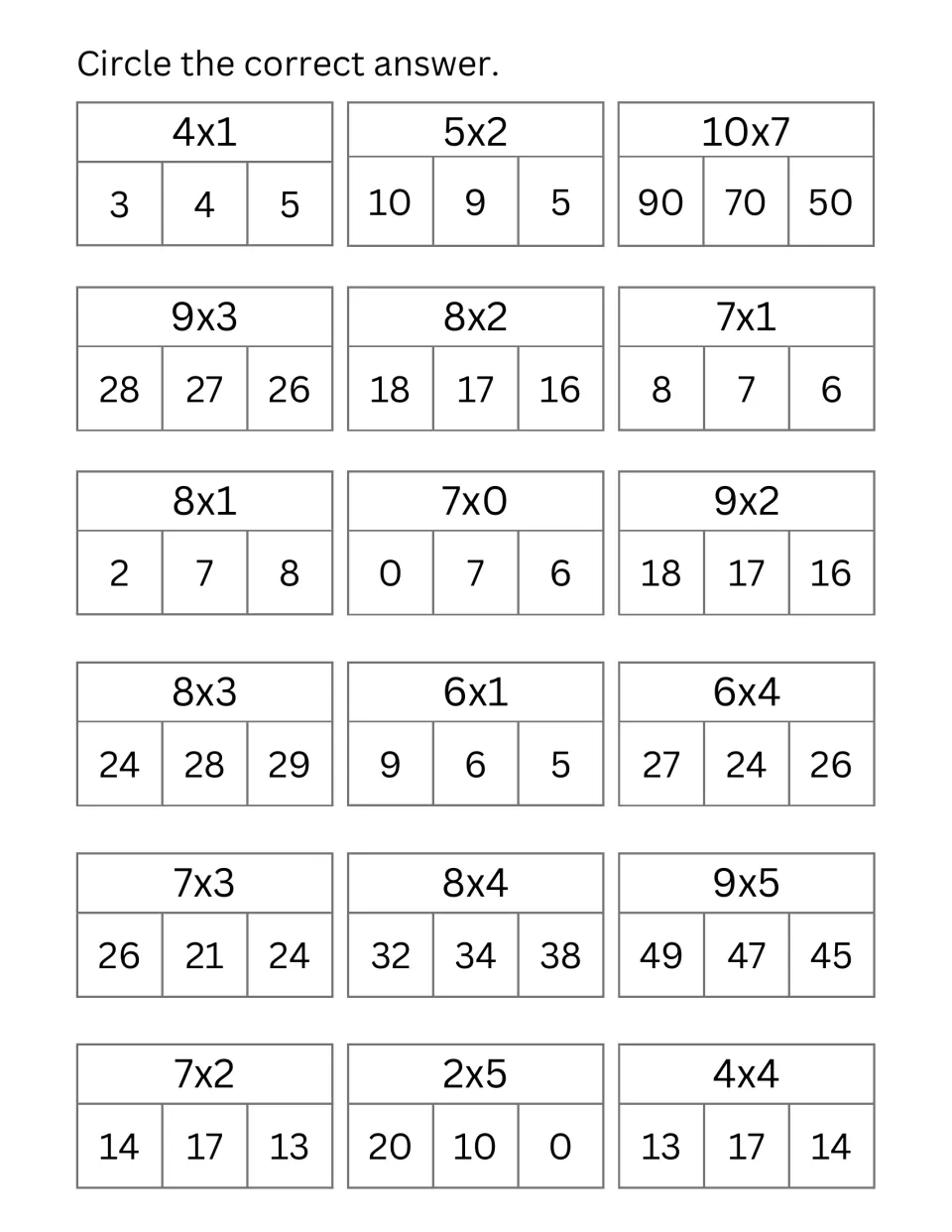 Multiplication facts multiple choice: students circle the correct product from three options for 18 facts such as 9x3