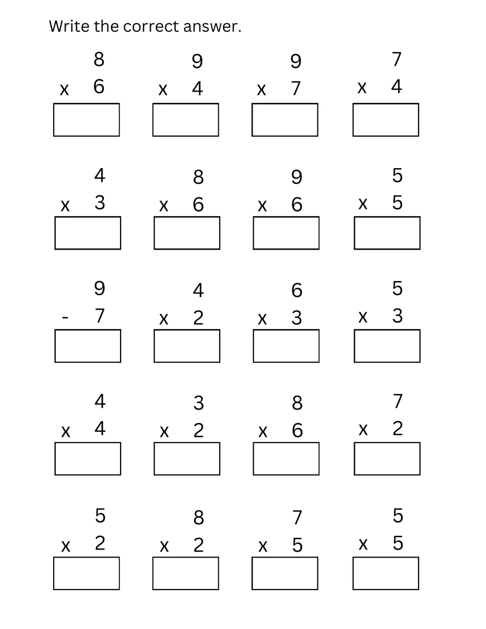 Single-digit multiplication facts: students write products for 19 vertical facts like 8x6; one item is a 9 - 7 subtraction