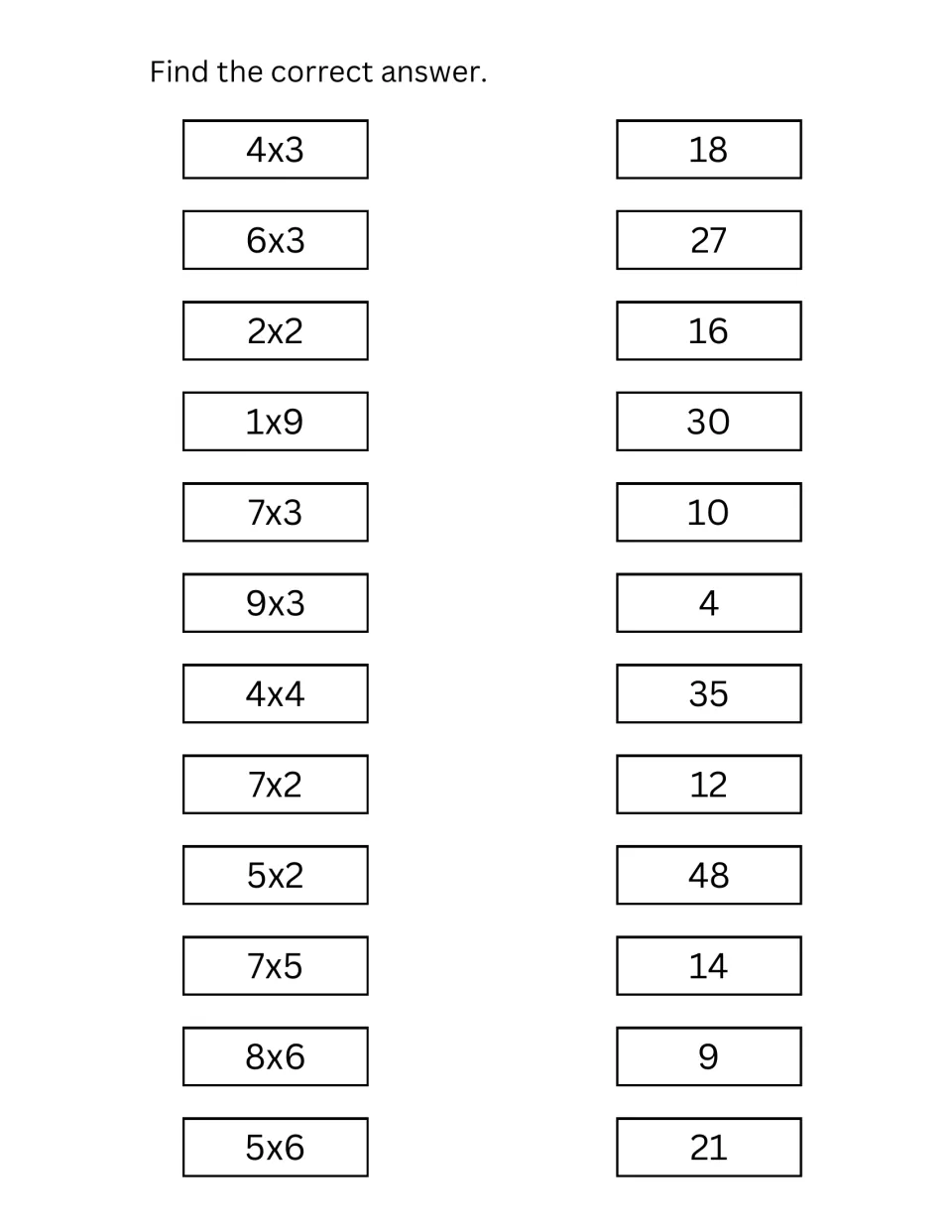 Multiplication matching: students pair 12 facts such as 4x3, 7x5 and 8x6 with their products in a scrambled list