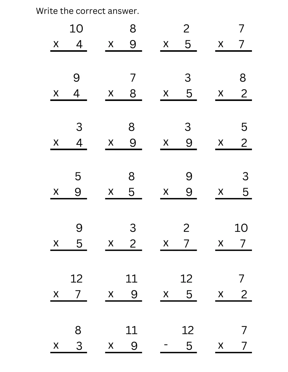Multiplication facts up to 12: students solve 27 vertical facts like 10x4, 12x7 and 11x9, plus one 12 - 5 subtraction
