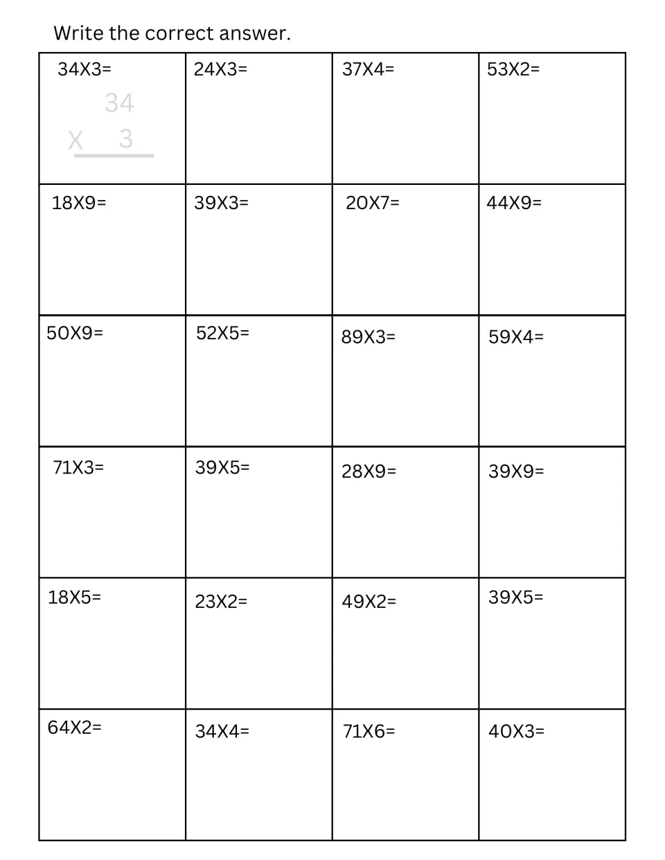 Two-digit by one-digit multiplication: students solve 24 problems like 34X3 and 89X3; the first is set up vertically