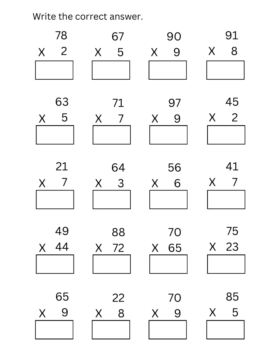 Two-digit multiplication: students multiply by one digit, as in 78x2 and 97x9, and by two digits, as in 49x44 and 88x72