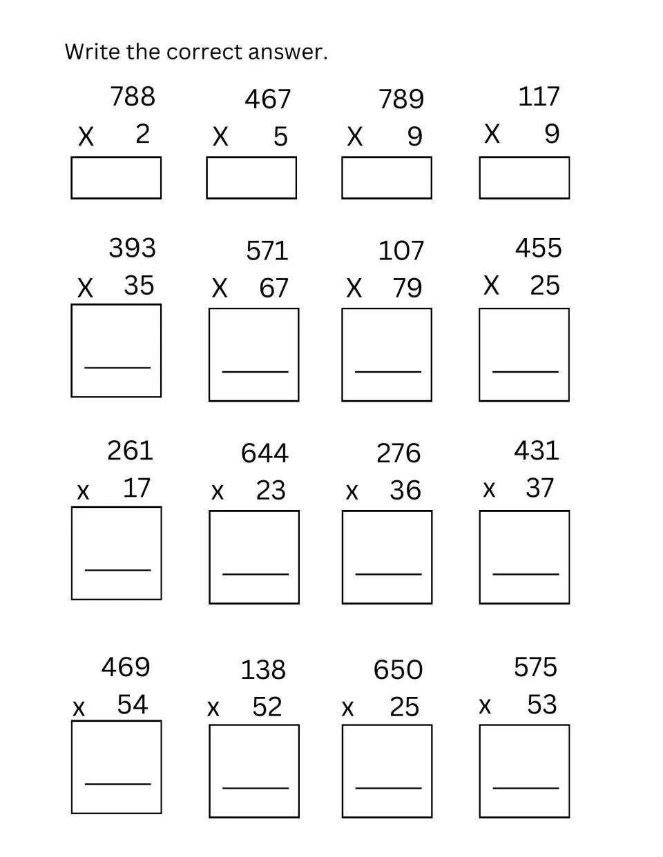 Three-digit multiplication: students multiply by one digit, as in 788x2, then by two digits, as in 393x35 and 469x54