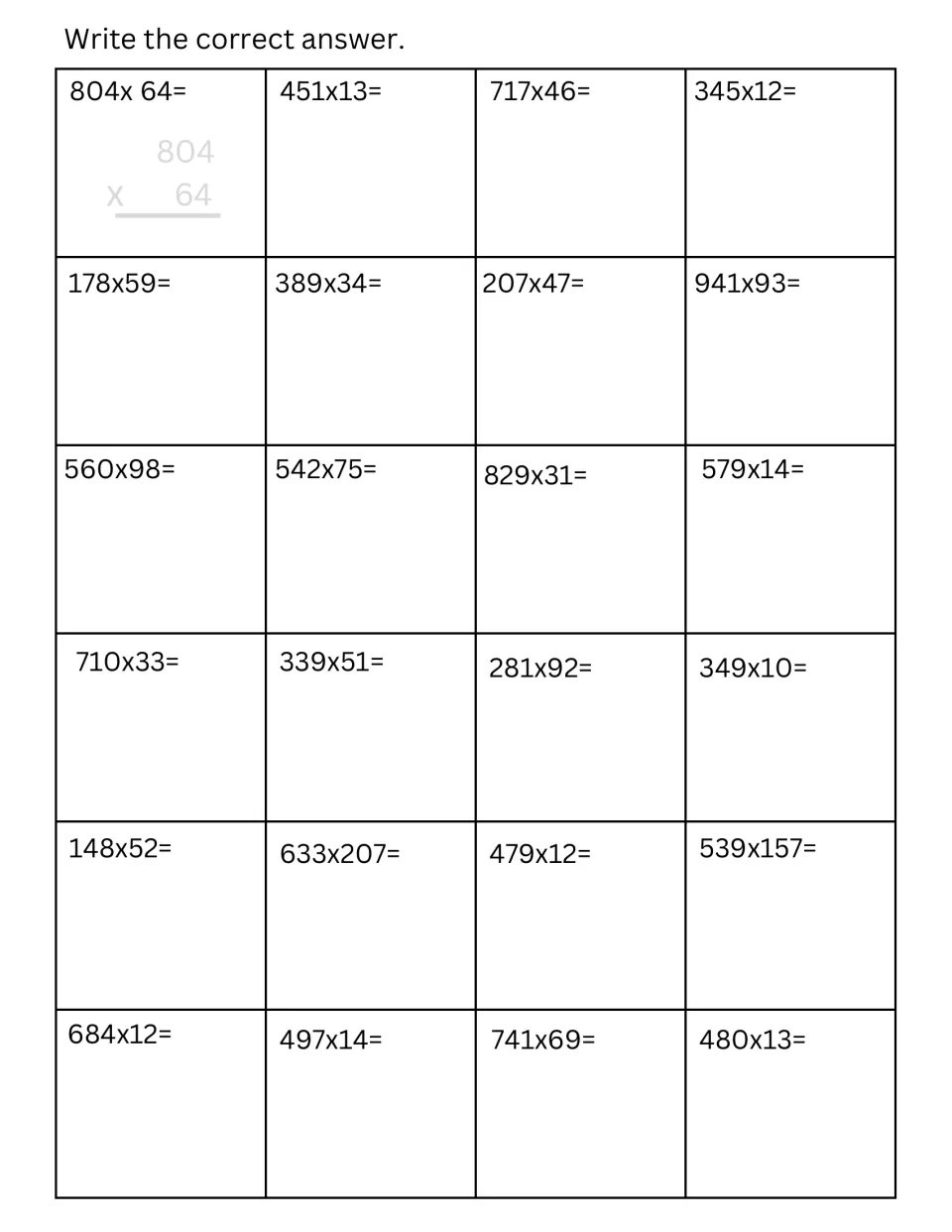 Three-digit by two- and three-digit multiplication: students solve 24 problems such as 804x64, 633x207 and 539x157