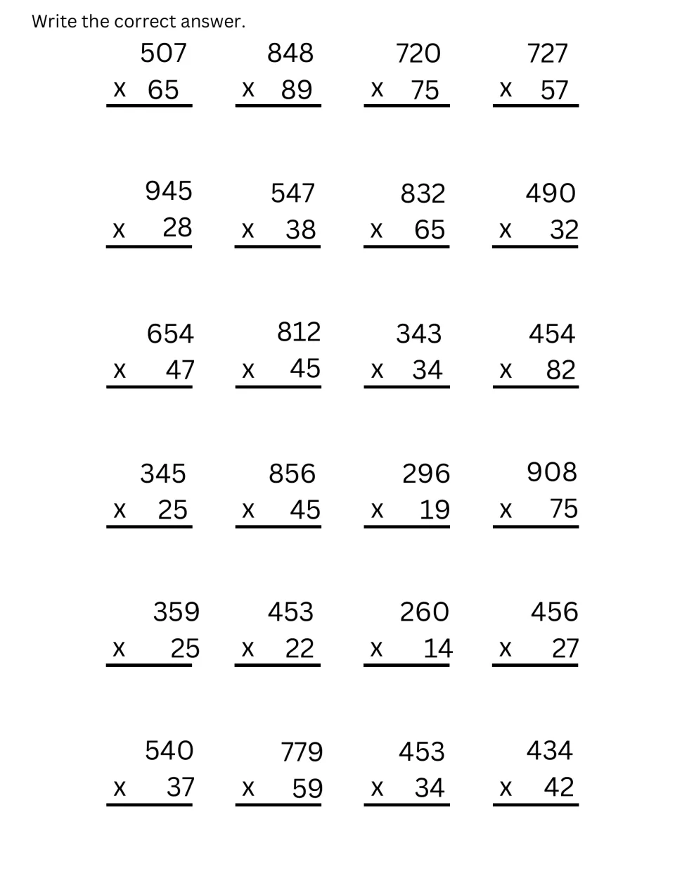 Three-digit by two-digit multiplication: students work 24 vertical problems such as 507x65, 945x28 and 779x59
