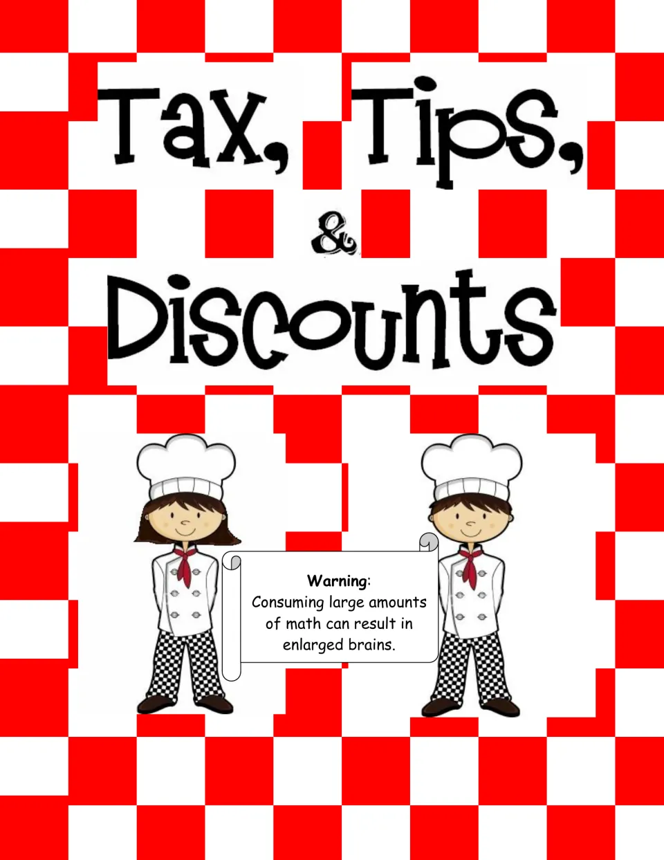 Restaurant math activity cover titled 'Tax, Tips, & Discounts' with a warning about math enlarging brains