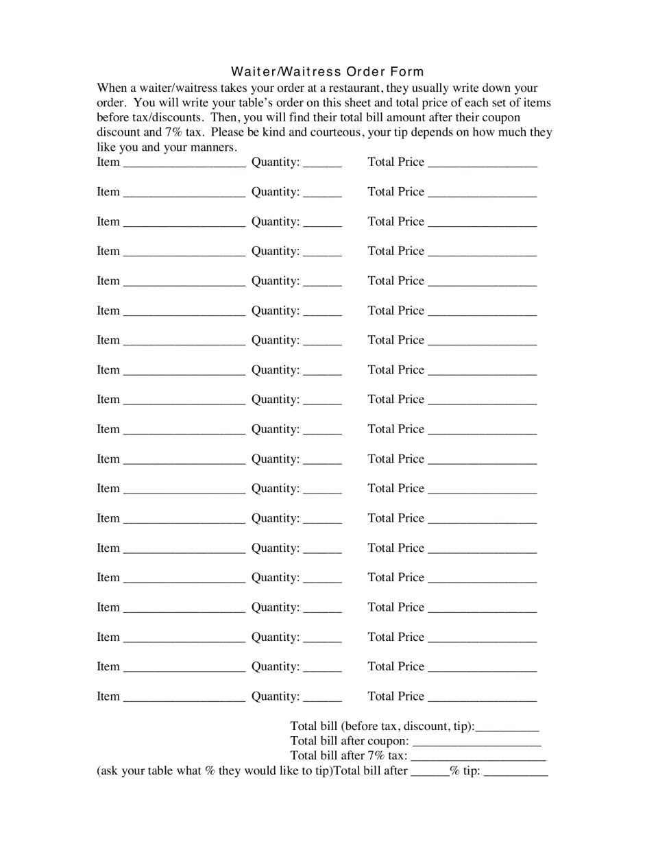 Server order form for recording meal orders and calculating totals after a coupon, 7% tax, and a chosen tip