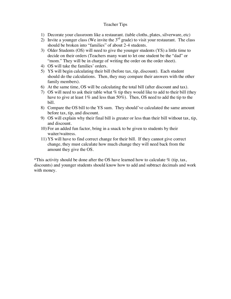 Teacher tips give 11 steps for a classroom restaurant, pairing older servers with younger customer families