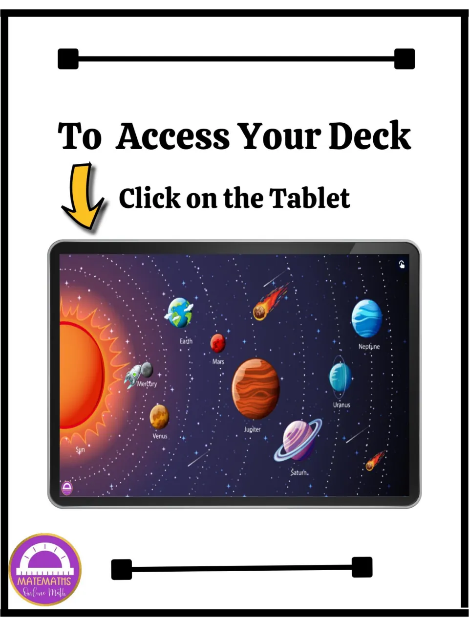 Digital deck access: "To Access Your Deck, Click on the Tablet" above a tablet showing a solar system scene