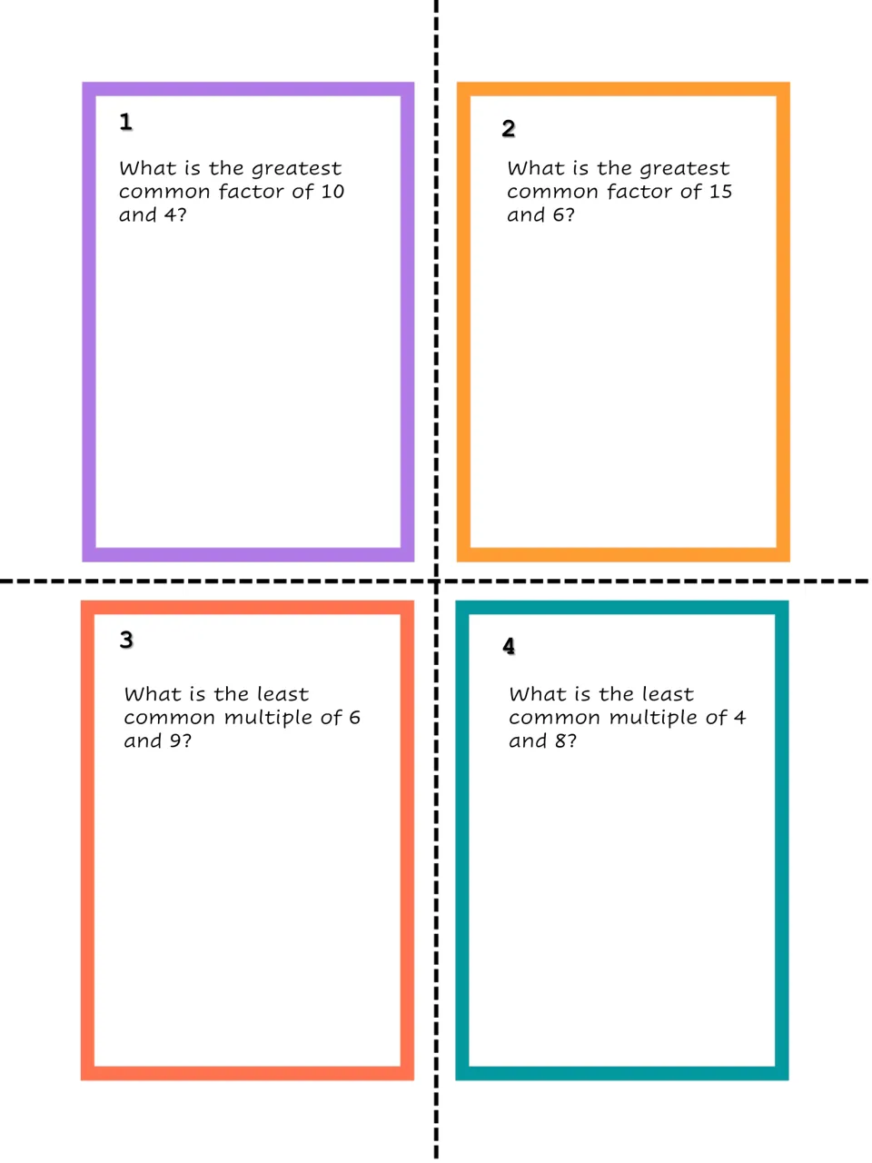 GCF and LCM task cards 1-4: find the GCF of 10 and 4, GCF of 15 and 6, LCM of 6 and 9, and LCM of 4 and 8