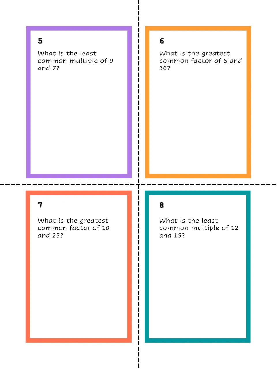 Task cards 5-8 mixing factors and multiples: LCM of 9 and 7, GCF of 6 and 36, GCF of 10 and 25, LCM of 12 and 15