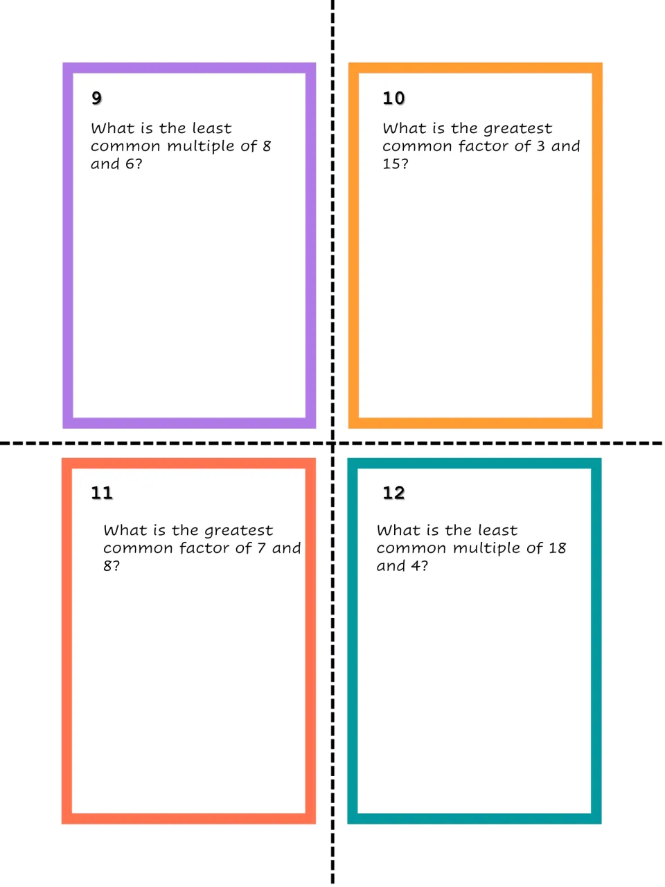 Task cards 9-12 on common factors and multiples: LCM of 8 and 6, GCF of 3 and 15, GCF of 7 and 8, LCM of 18 and 4