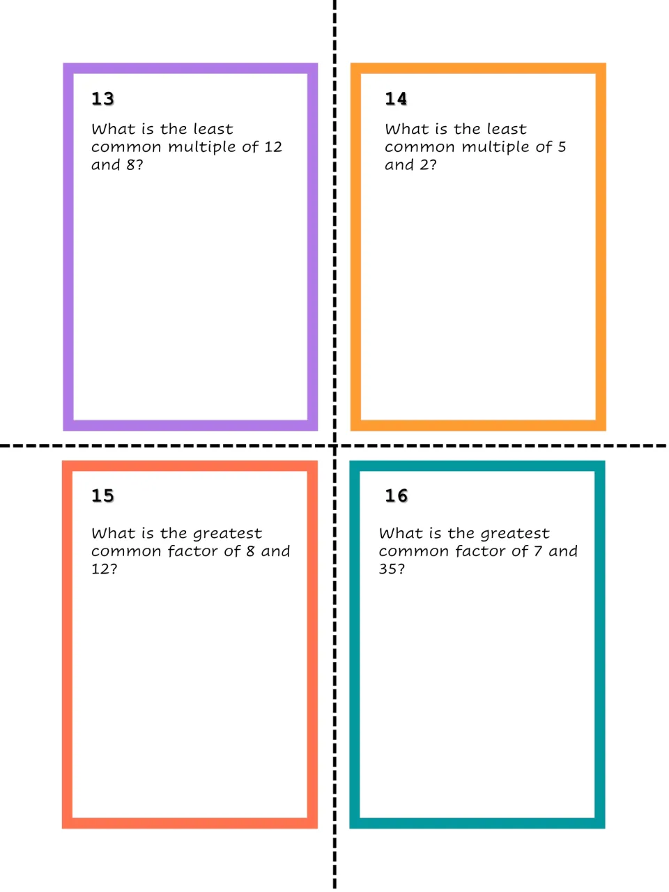 Task cards 13-16: students find the LCM of 12 and 8, LCM of 5 and 2, GCF of 8 and 12, and GCF of 7 and 35