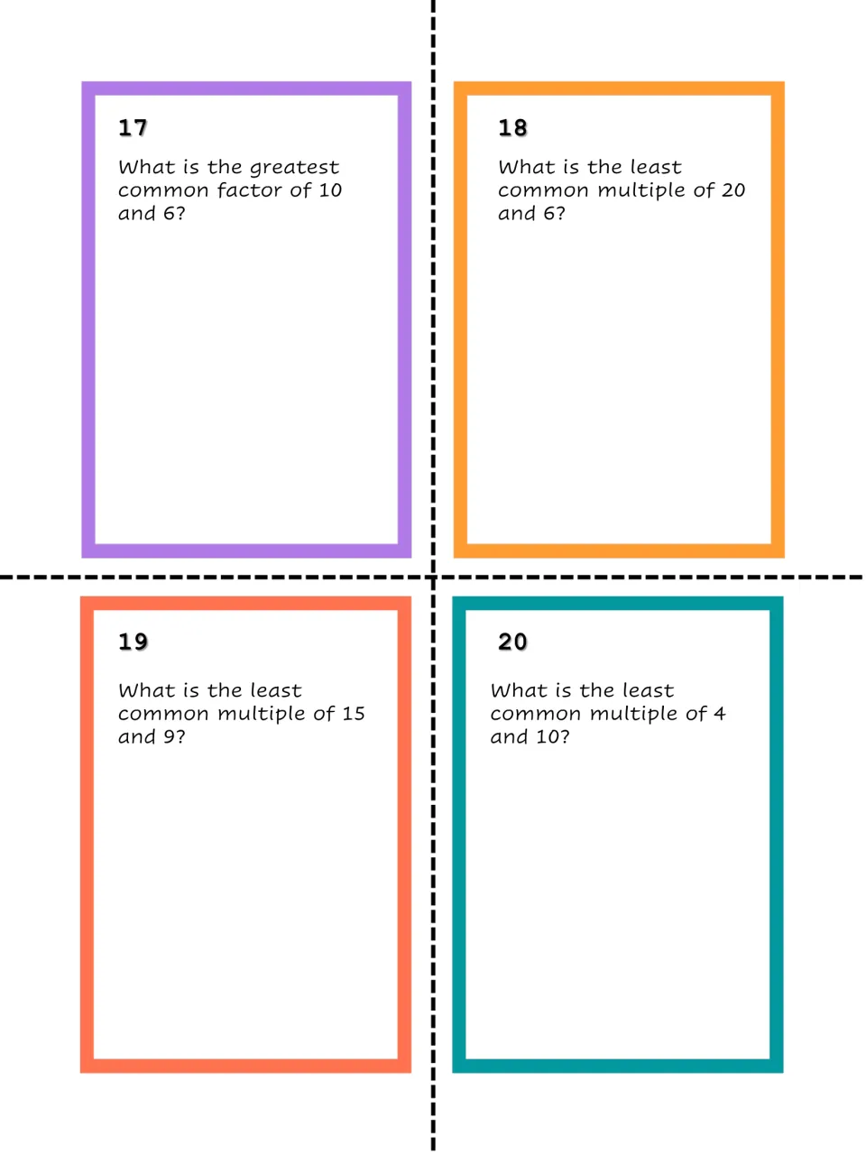 Final task cards 17-20: GCF of 10 and 6, then the LCM of 20 and 6, of 15 and 9, and of 4 and 10
