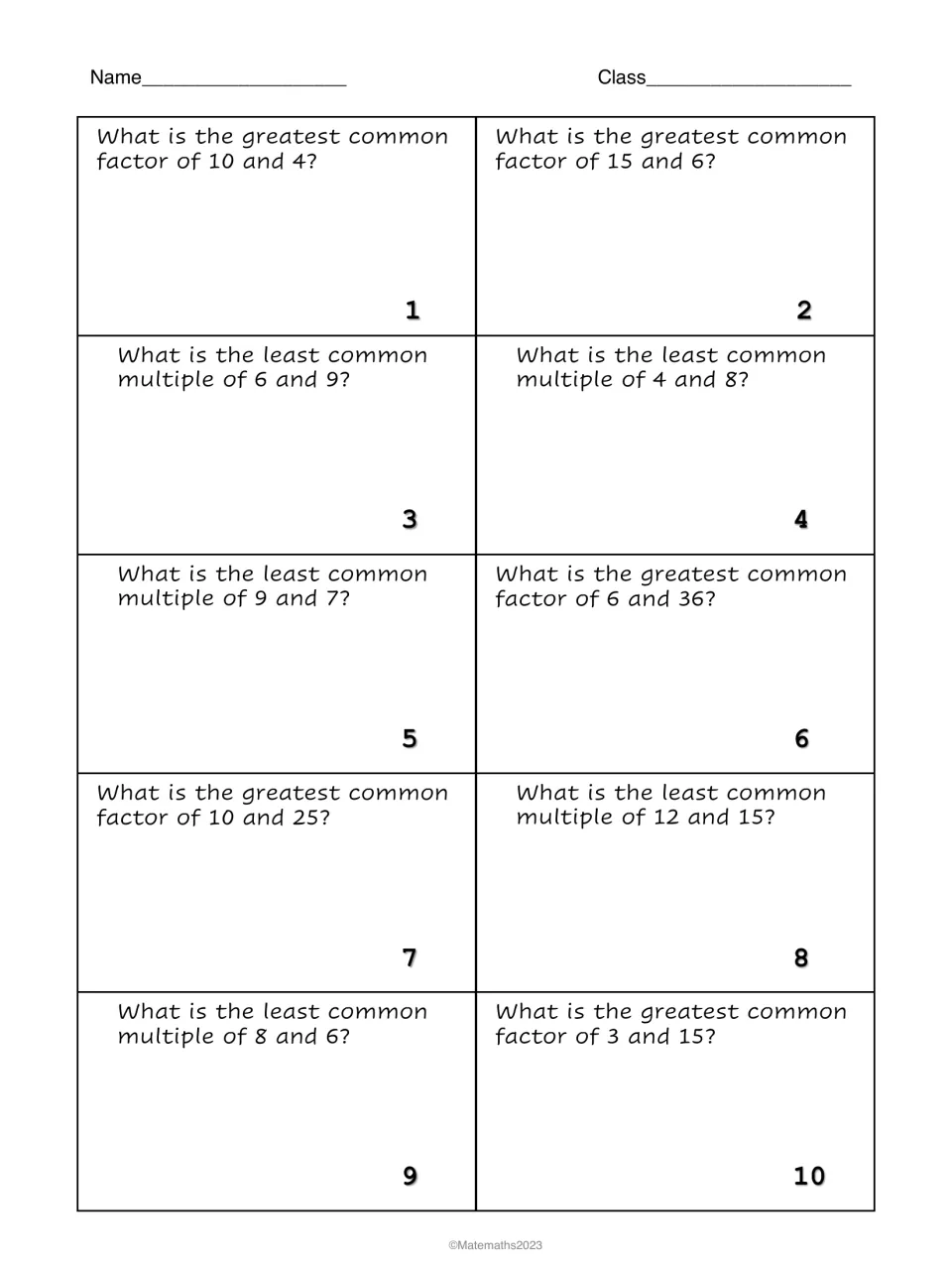 GCF and LCM recording sheet, questions 1-10: students work out each greatest common factor or least common multiple