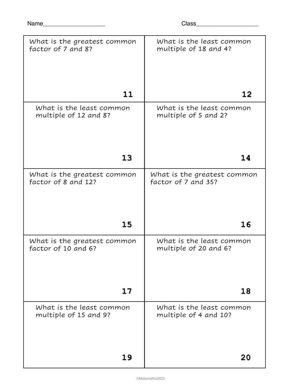 Recording sheet for questions 11-20: students write each GCF or LCM answer, from GCF of 7 and 8 to LCM of 4 and 10