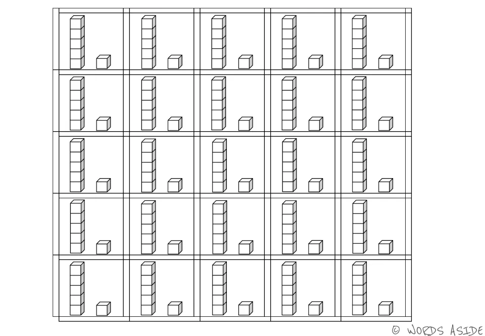 Quantity cube cards for counting 6: 25 identical cutouts, each showing a stack of five cubes plus one cube.