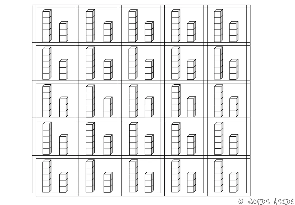 Quantity cube cards for counting 8: 25 identical cutouts, each showing stacks of five and three cubes.