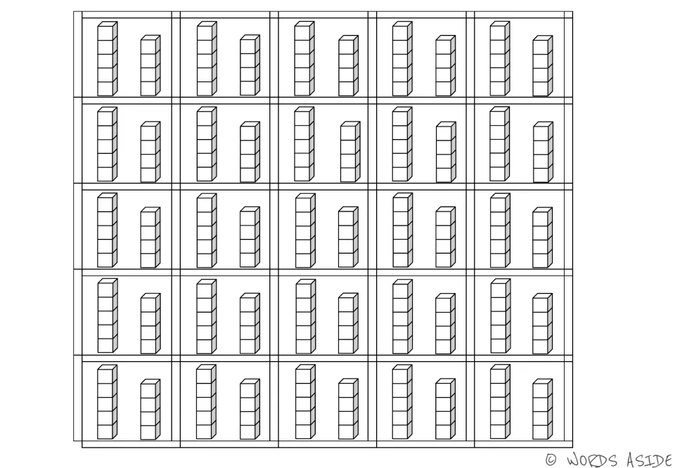 Quantity cube cards for counting 9: 25 identical cutouts, each showing stacks of five and four cubes.