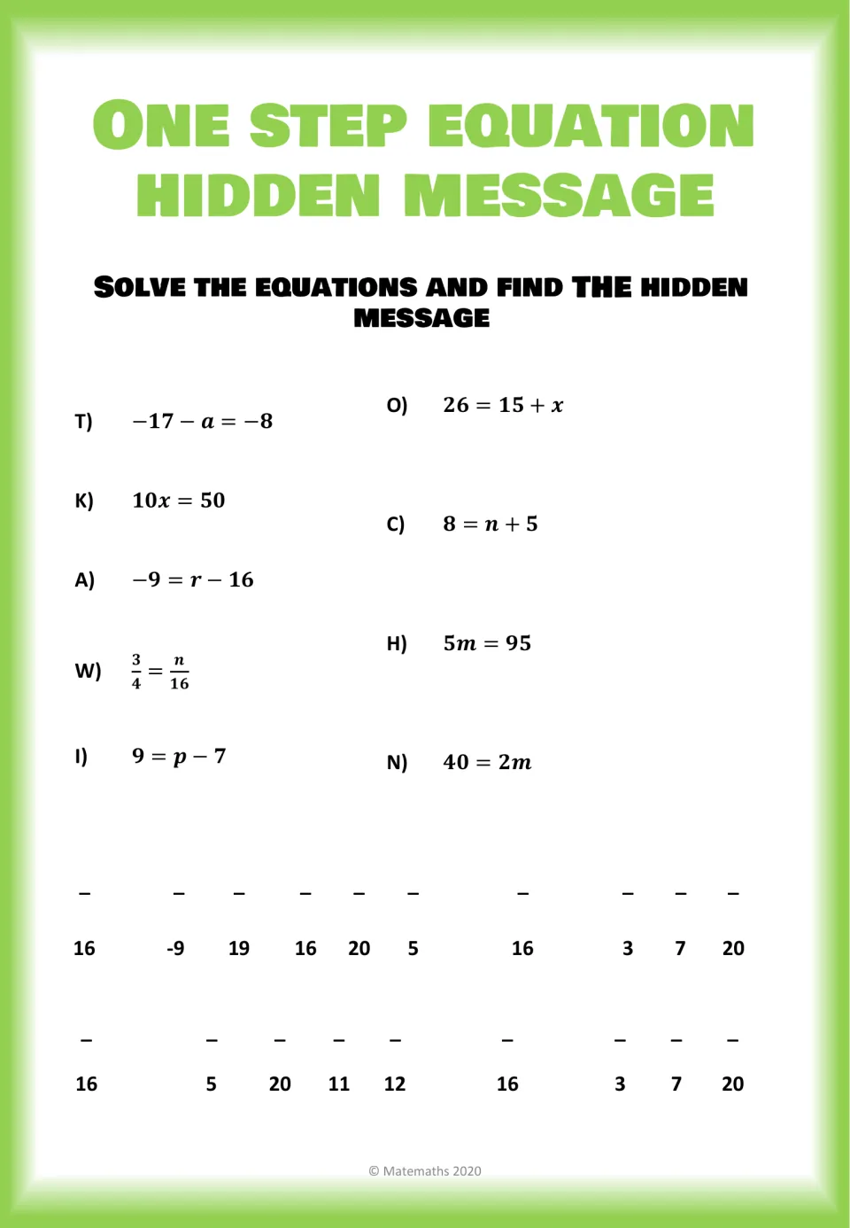 One-step equations hidden message: students solve 10 lettered equations, then match answers to decode a two-line phrase
