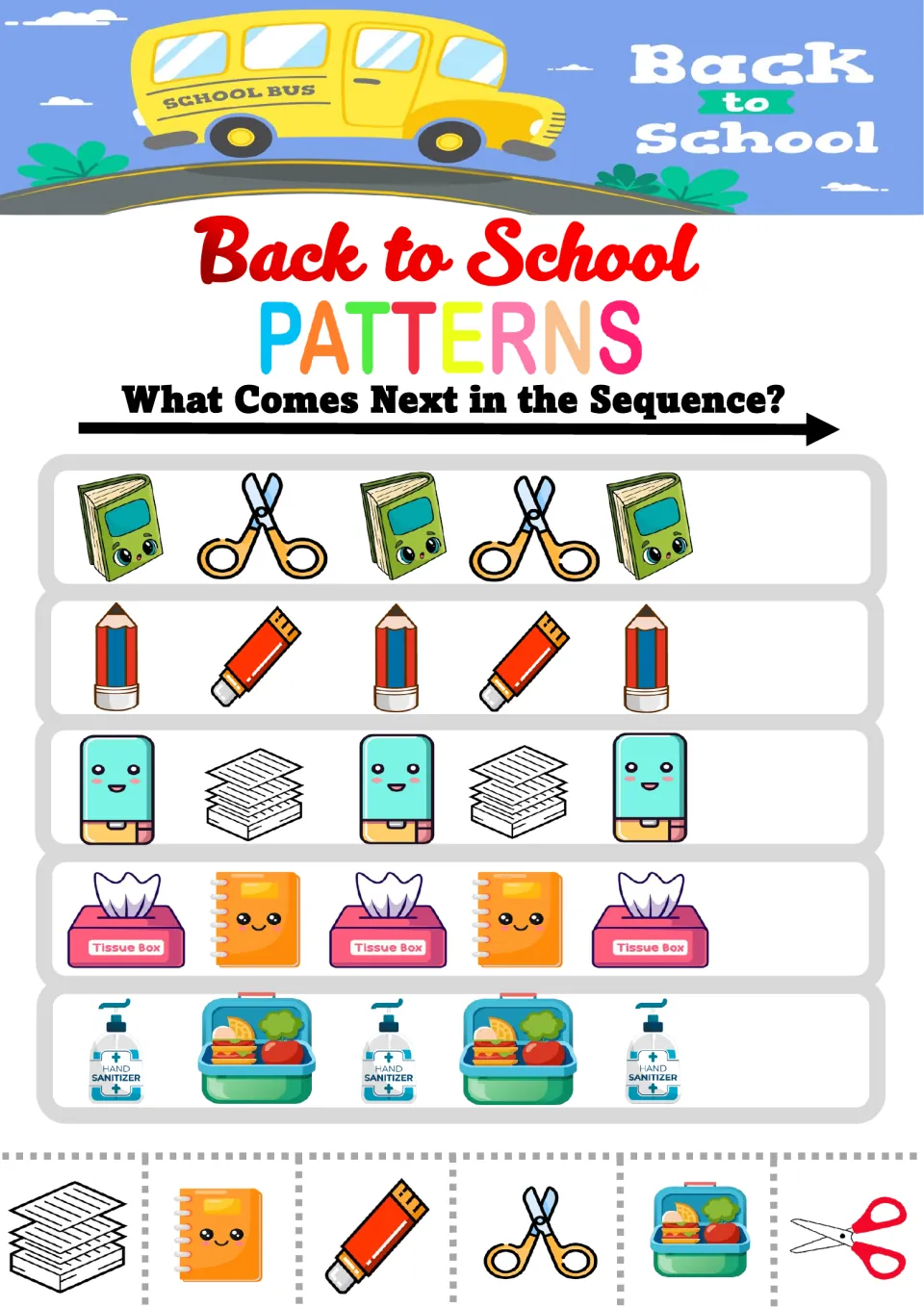 Back to School AB patterns: students cut out supply pictures and glue the next one in 5 rows, like book, scissors, book