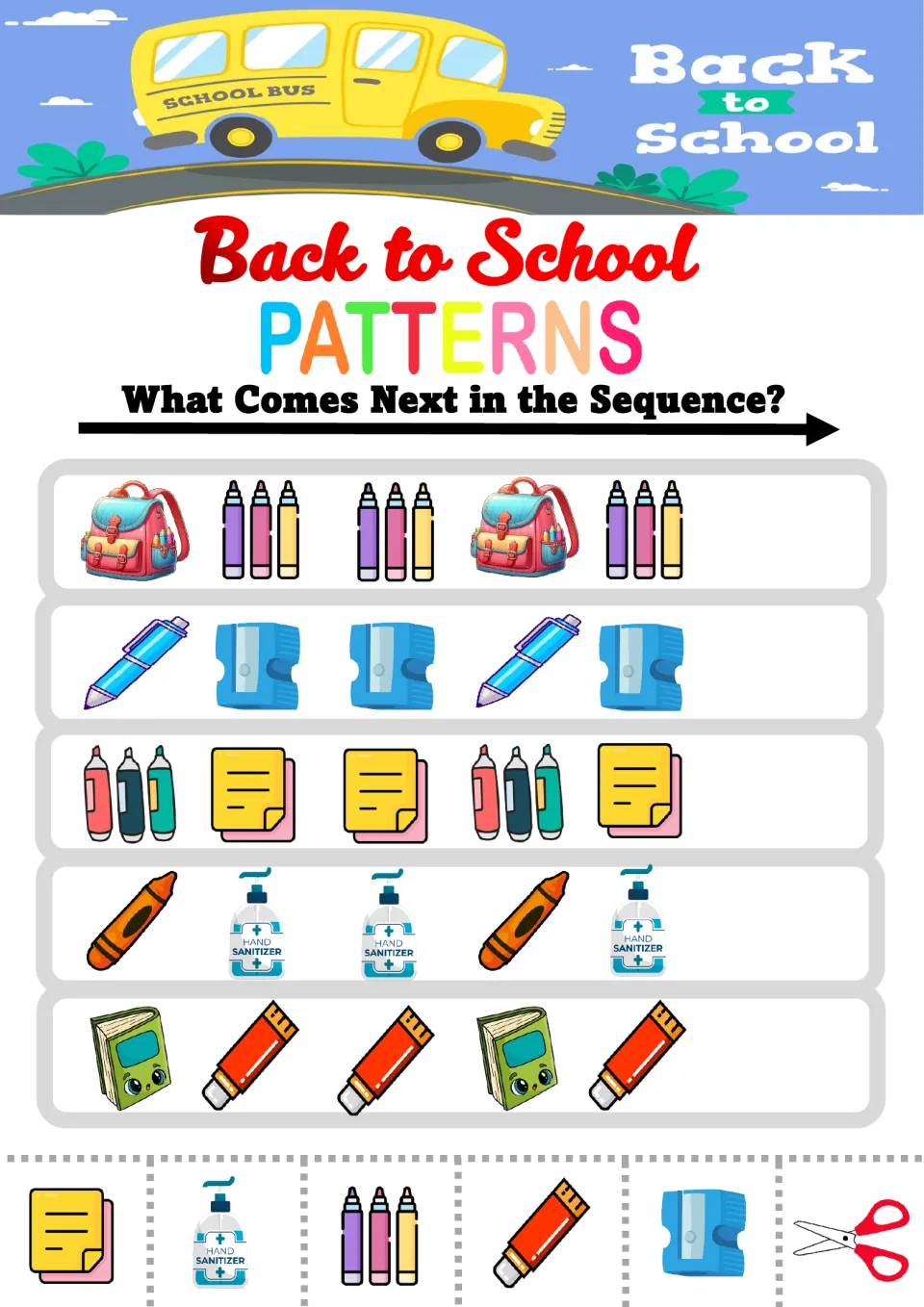 Back to School ABB patterns: students glue the picture that comes next, e.g. backpack, markers, markers, in 5 supply rows