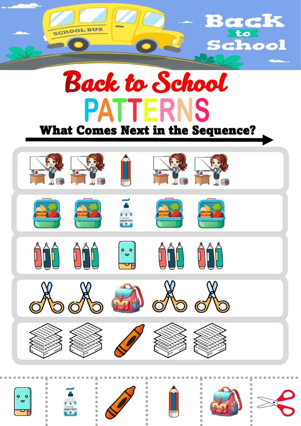 Back to School AAB patterns: students finish 5 rows such as teacher, teacher, pencil and glue on the missing next picture