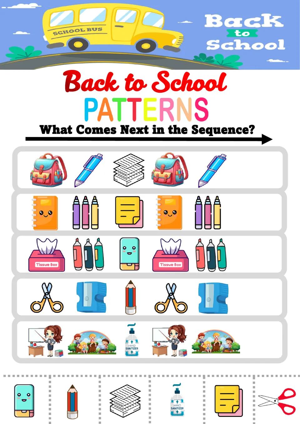Back to School ABC patterns: students extend 5 three-item rows, like backpack, pen, paper, by gluing the next picture