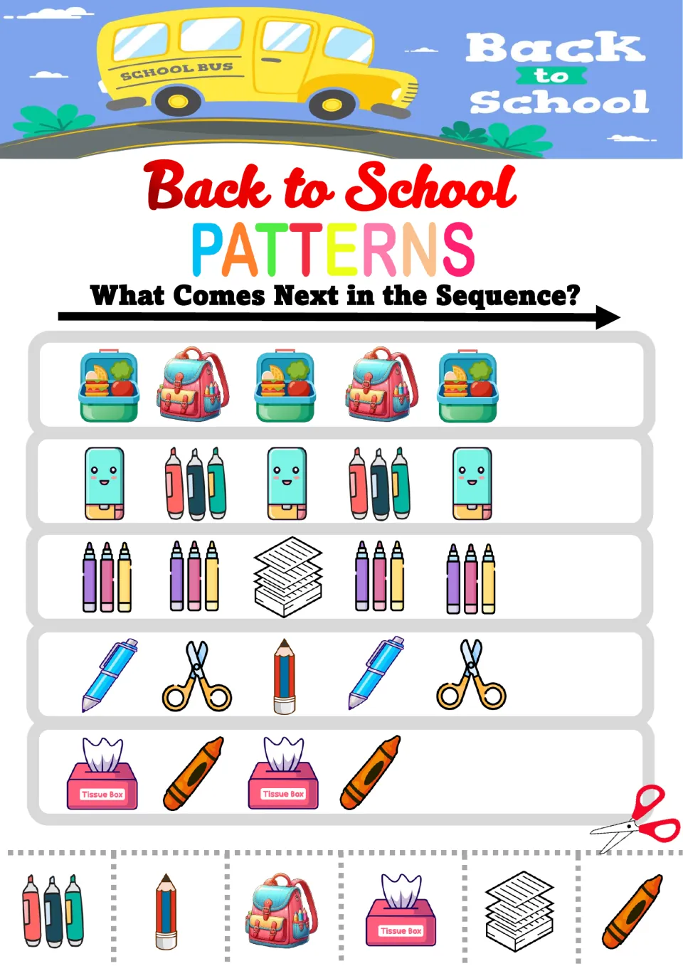 Back to School mixed patterns: AB, AAB and ABC supply rows, e.g. lunchbox, backpack; students cut and glue what comes next