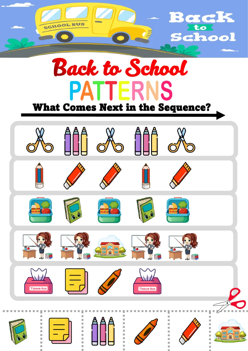 Back to School mixed pattern review: scissors and markers AB, pencil and glue ABB, teacher AAB rows; glue the next picture
