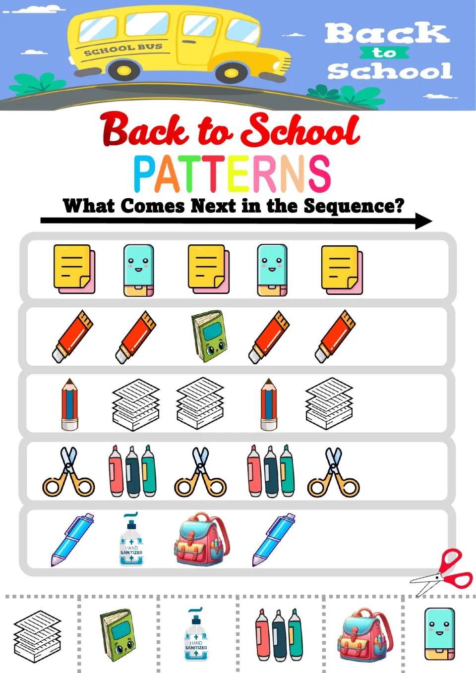 Back to School mixed patterns: sticky note and eraser AB, glue stick AAB, pencil and paper ABB rows; glue what comes next