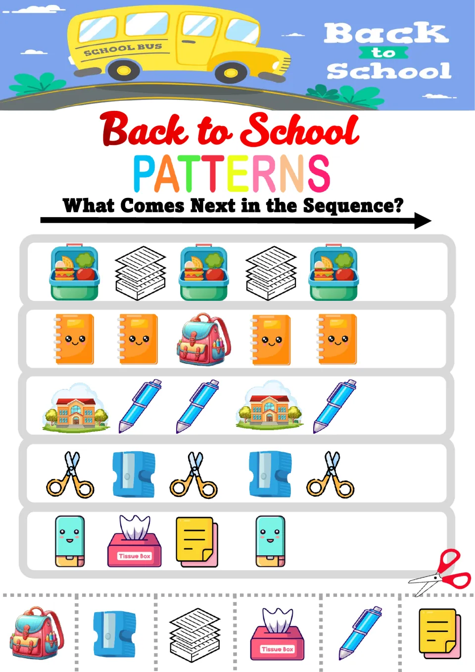Back to School mixed patterns: lunchbox and paper AB, notebook AAB, school and pen ABB rows; glue the next item