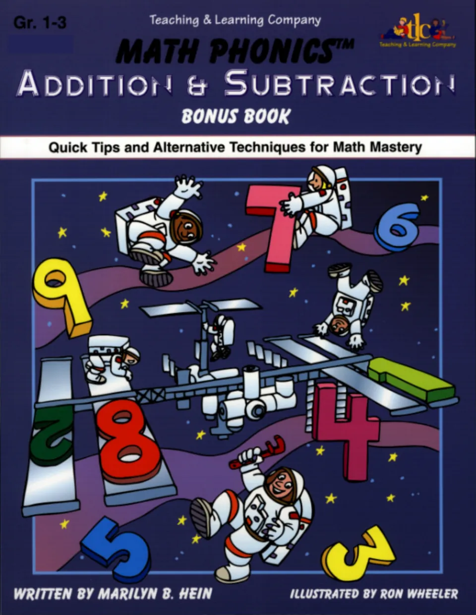 Math Phonics Addition & Subtraction Bonus Book cover, Gr. 1-3, with astronauts and giant numbers floating in space