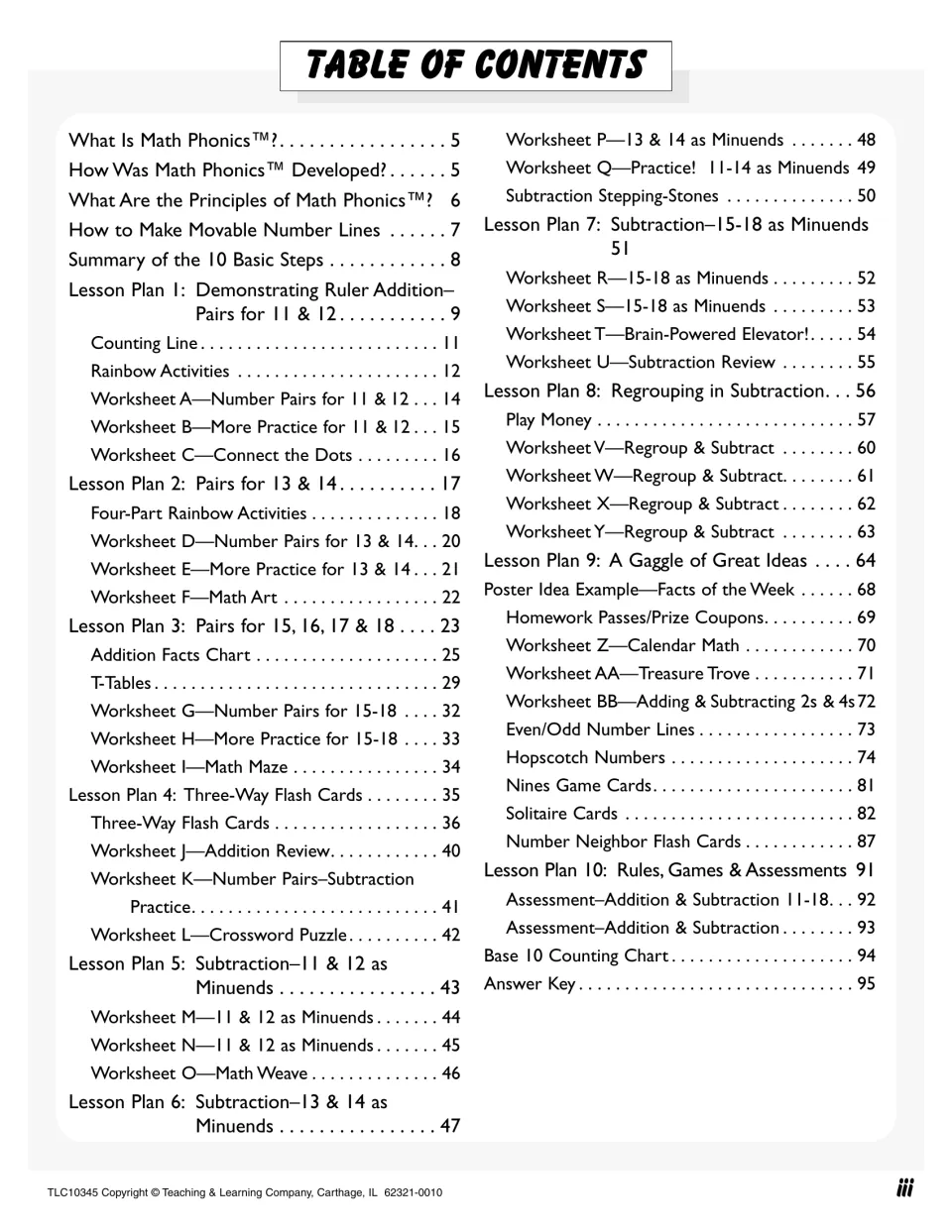 Table of contents listing 10 lesson plans, Worksheets A to BB, flash cards, games, assessments and an answer key