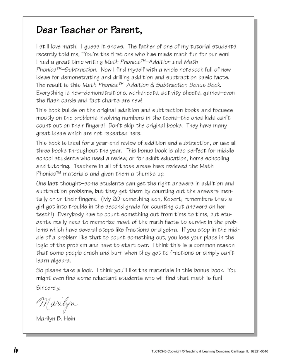 Author's letter to teachers and parents introducing new ideas for drilling teen addition and subtraction facts