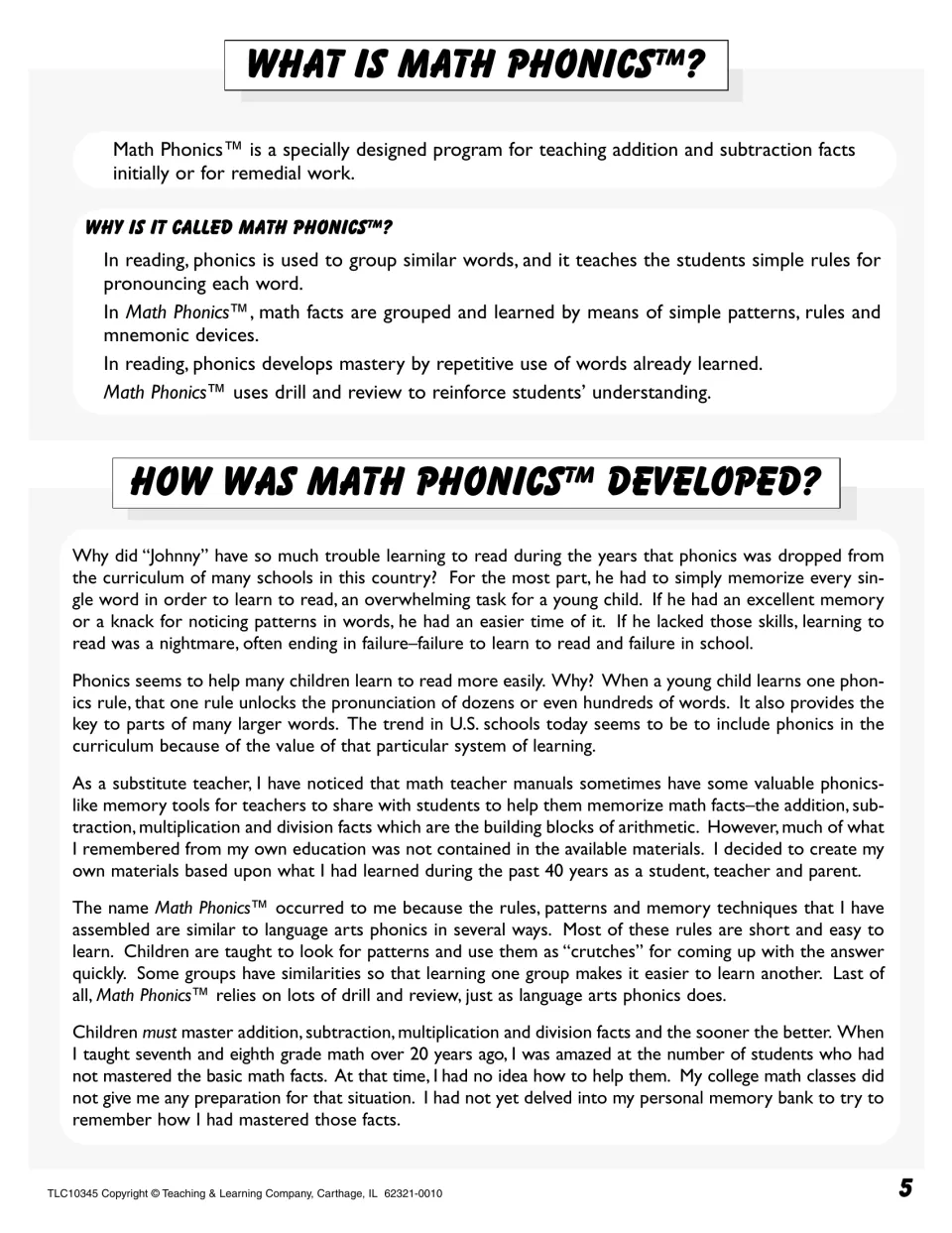 What is Math Phonics? Explains how math facts are grouped by patterns, rules and mnemonics, and its origins