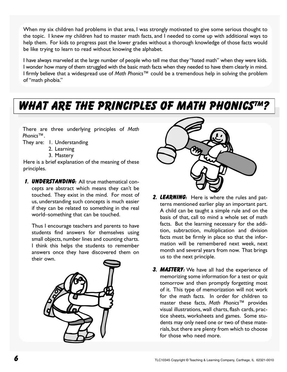 Three principles of the program, understanding, learning and mastery, explained for teachers with astronaut cartoons