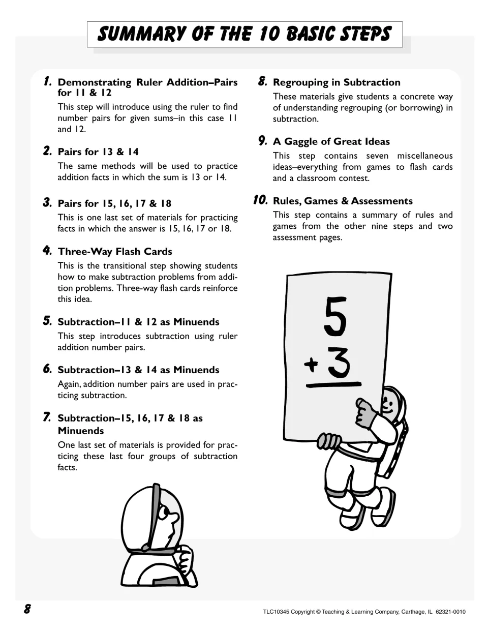 Summary of the 10 basic steps, from ruler addition pairs for 11 and 12 through subtraction, regrouping and assessments