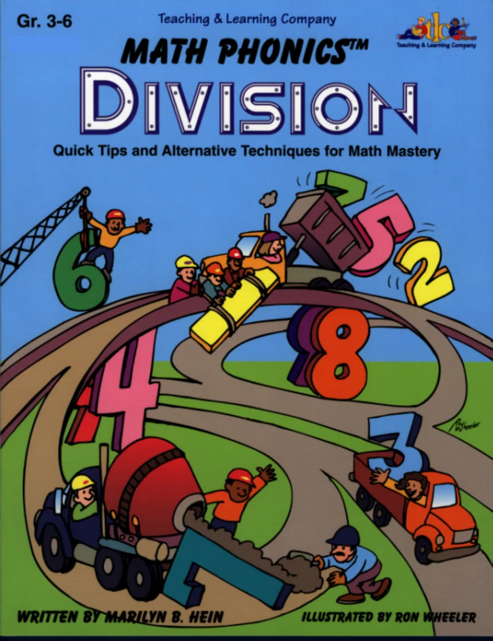 Math Phonics Division cover, Gr. 3-6, by Marilyn B. Hein: cartoon construction crew building a road with giant numbers