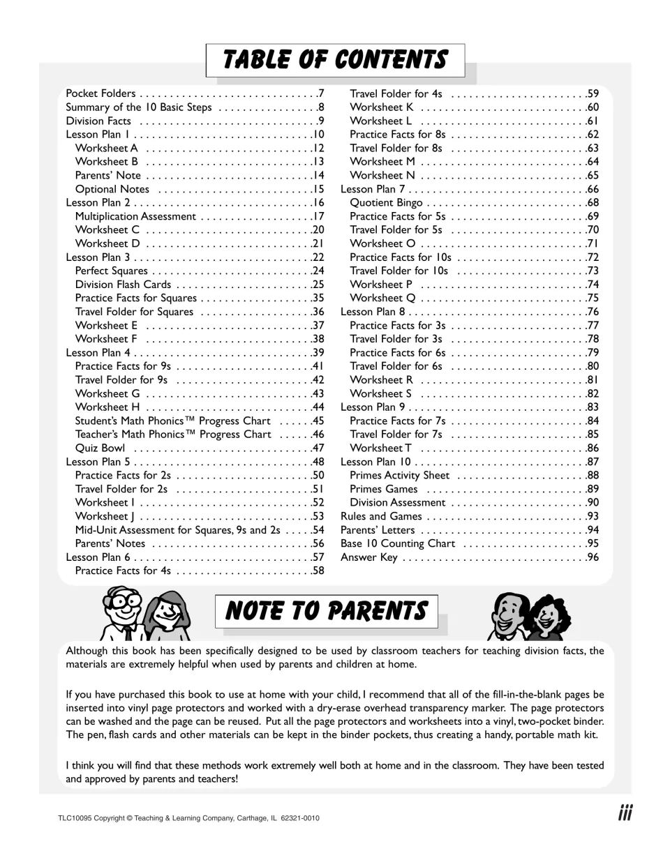 Table of contents listing Lesson Plans 1 to 10, Worksheets A to T, travel folders and assessments, then a note to parents